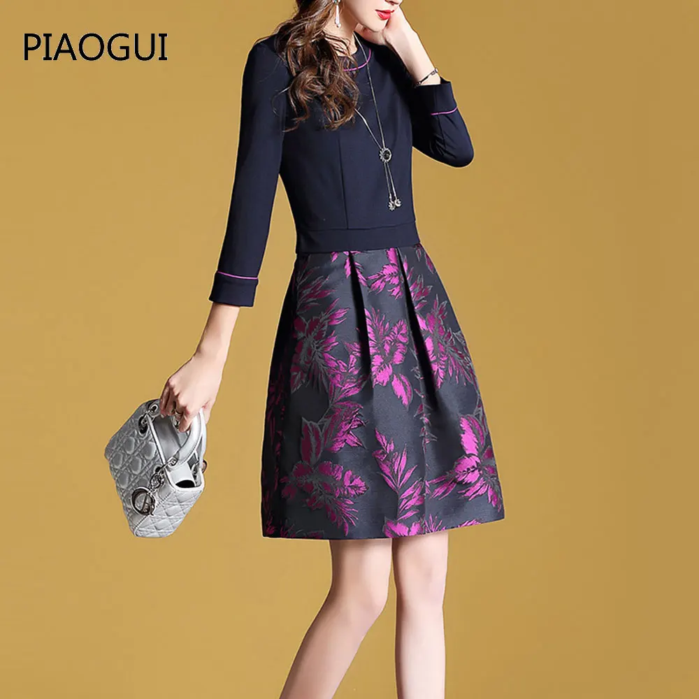 2019 Новое весеннее женское Сращивание Печать черное платье поддельные две части