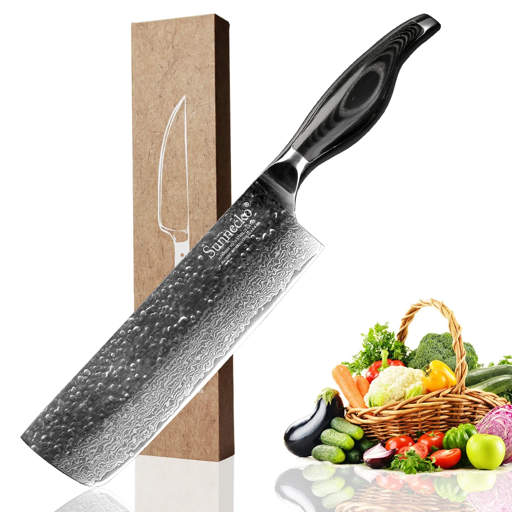 

SUNNECKO 7'' Cleaver Nakiri Knife Damascus Japanese Chef VG10 Steel Kitchen Knives Pakka Wood Handle Sharp Meat Cutter Tools