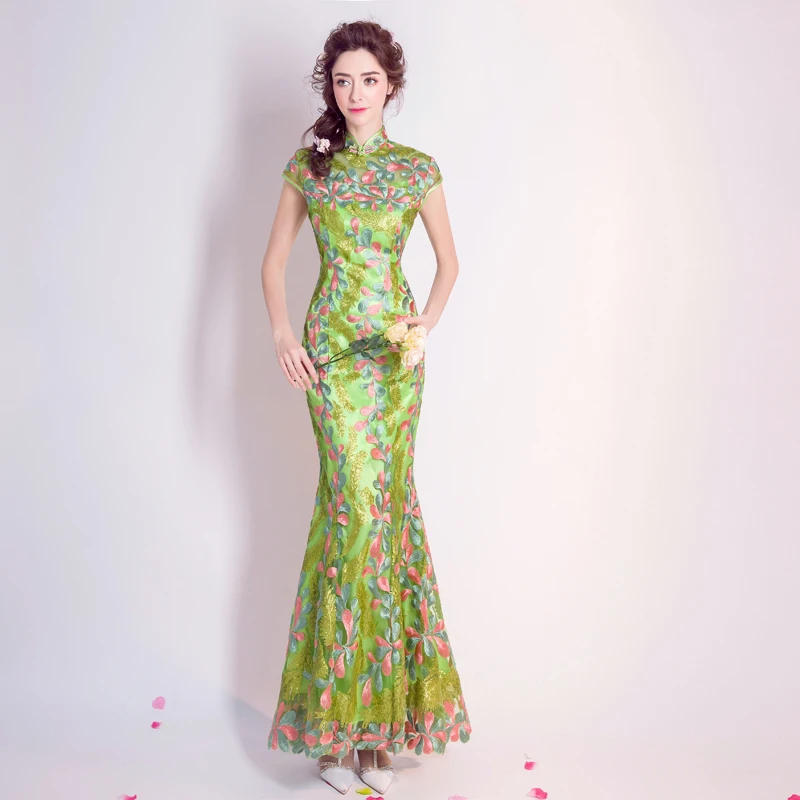 Зеленый традиционные свадебные платья Qipao Cheongsam вышитые дизайн-современный