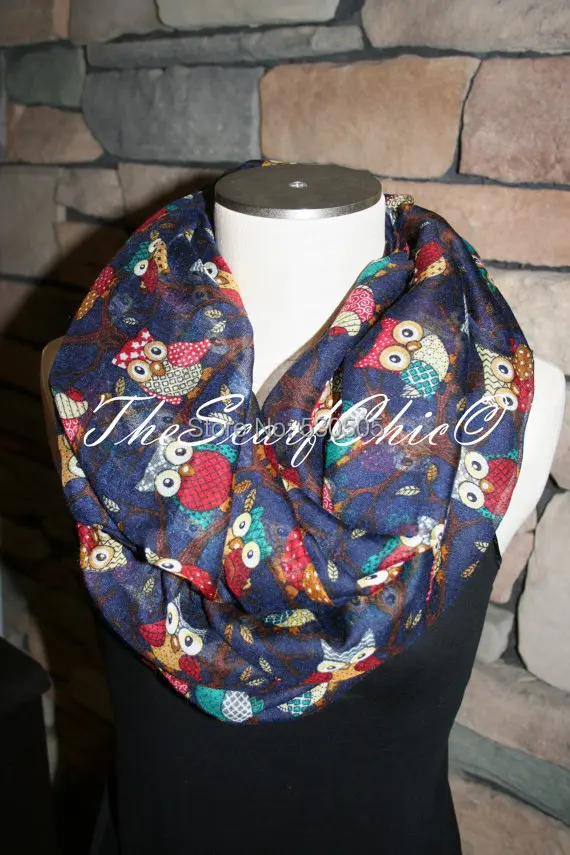 

Navy Owl Viscose Circle Loop Scarf-Chunky Woodland Owls on Trees Infinity scarf