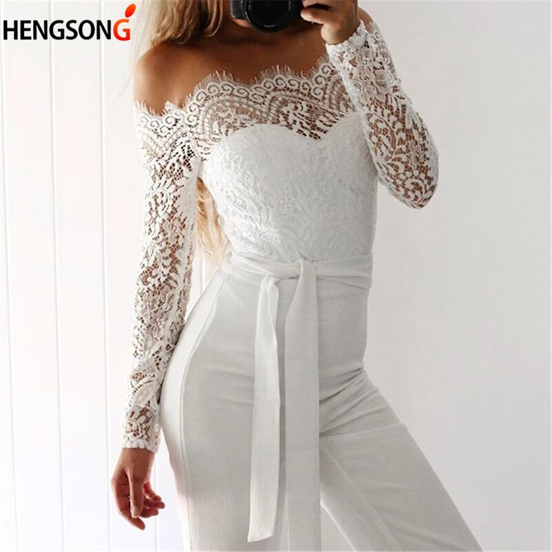 Elegant Women Lace Rompers Sexy Off Shoulder Jumpsuits One Piece For Female Overalls Solid Sashes Casual Romper Femme streetwear | Женская