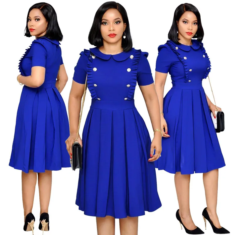 

Fashion Women's Lotus Leaf Collar OL Wind Short Sleeve Dress Polyester Solid Mid Waist Zip Pleated Knee-Length Elegant Dress