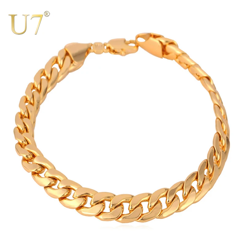 

U7 Gold Plated Men Bracelets 7 mm Thick Unisex Cuban Curb Chain for HipHop Rapper with Lobster Clasp Length 21CM