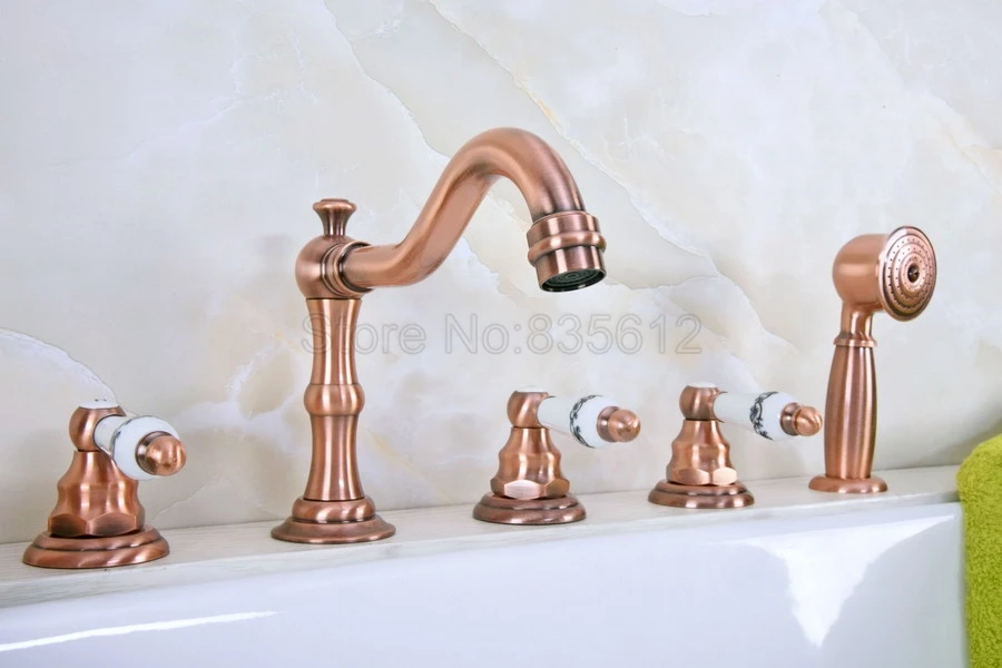 

Bathtub Shower Faucets Antique Red Copper 5 hole Basin Sink Taps Three Handle Control with Hand Shower ttf225