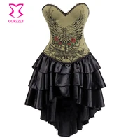 army green vintage floral printed cotton sexy bustier corset dress steampunk korsett for women corsage victorian gothic dresses