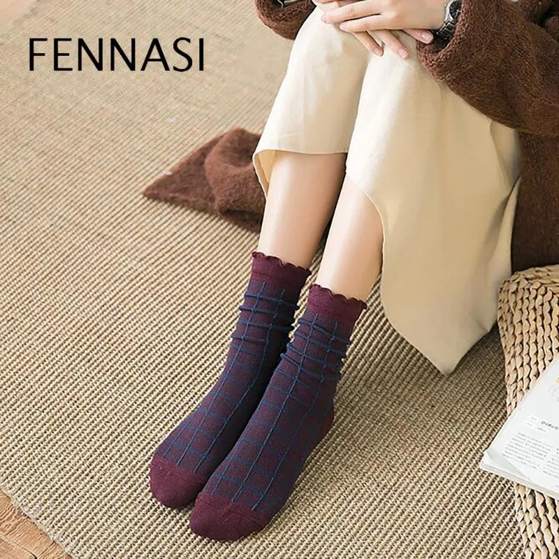 FENNASI 5 пар Харадзюку женские хлопковые носки Модные клетчатые с принтом