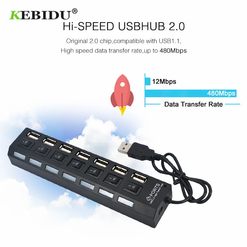 Разветвитель KEBIDU USB на 7 портов 480 Мбит/с 2 0|USB-адаптеры| |