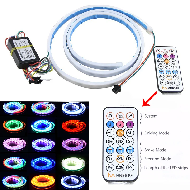 

Colorful 120cm 150cm Wireless Remote RGB Flow LED Strip Rear Trunk Light RED Yellow White Car Brake Turn Tail Tailgate Lights