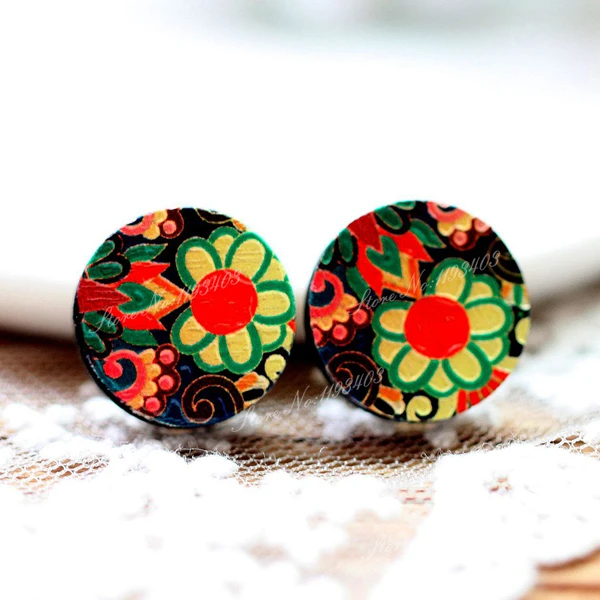 Unique 3D Flower Embossed 16mm Round Coloured Drawing pattern Laser Cut wood Cabochon DIY for Rings Earring Brooch Necklace | Украшения и