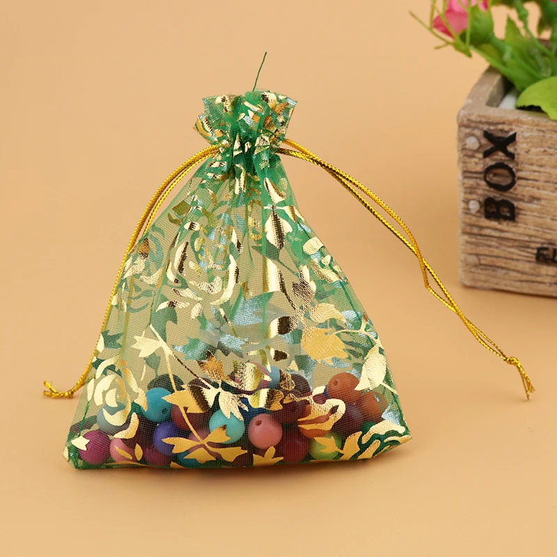 

13x18cm Green Jewelry Package With Gold Rose Print Drawstring Jewelry Bags Drawstring Pouches Organza Bags 200pcs/lot