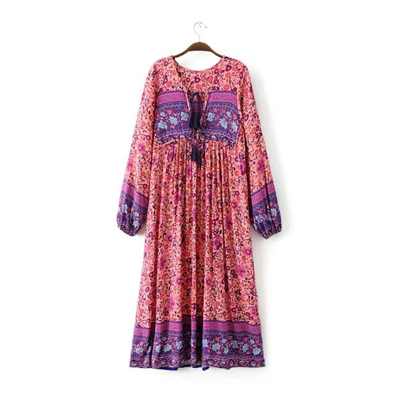 2017 Summer Tribe Style V Neck Bohemian Floral Print Long Sleeve Boho Dress Women Gypsy Ethnic Maxi Dresses | Женская одежда