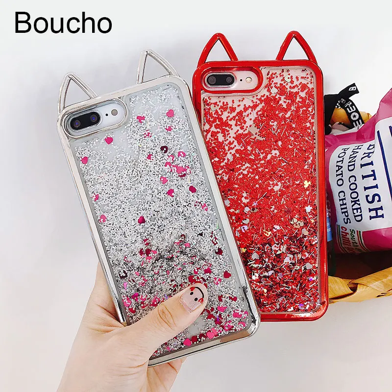 Boucho 3D Cartoon Cat Ears Cases for iPhone 6 6s 7 8 plus Soft Silicone Glitter Case For iphone X 8plus 7plus 6plus Back Cover |