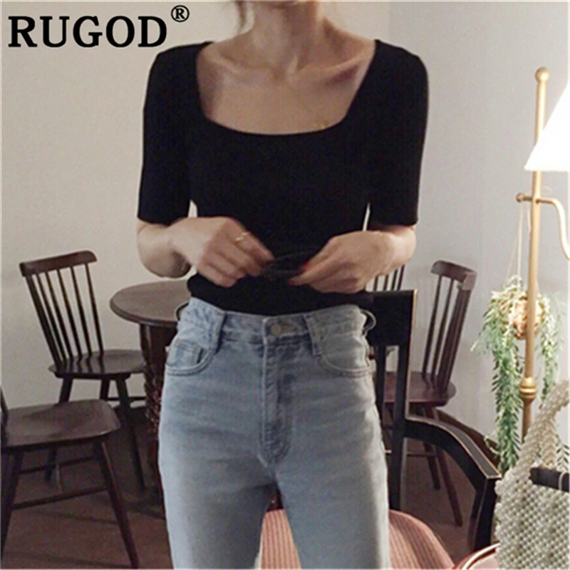 

Женская блузка с коротким рукавом RUGOD, Элегантный квадратный вырез, модная тонкая черная блузка с коротким рукавом, 2019