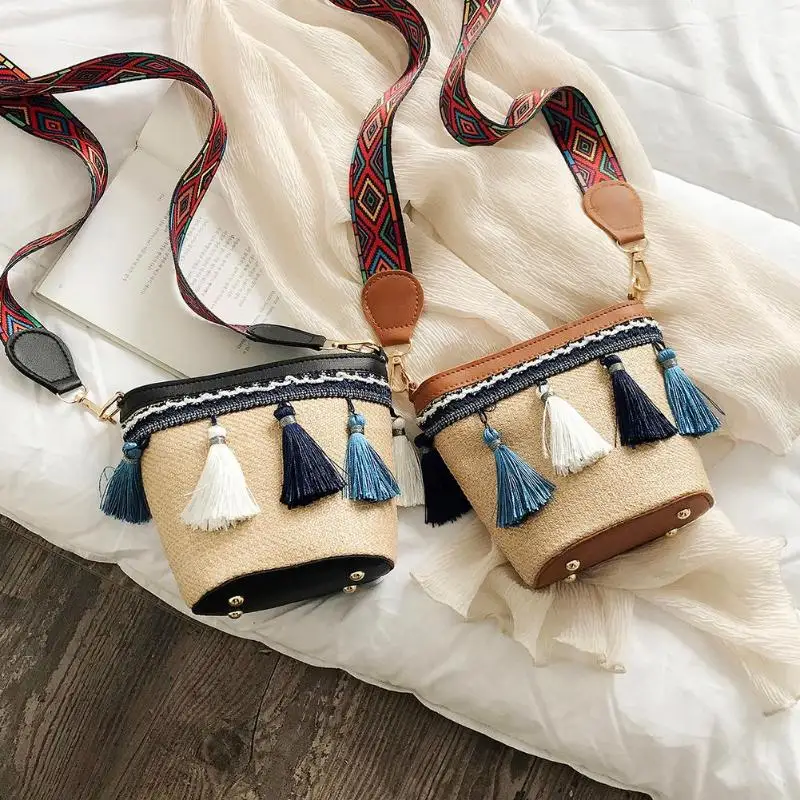 Простой Boho кисточкой Вязание для женщин плечо слинг телефон деньги сумочки повседневное соломенный небольшой ткачество Кроссбоди сумка