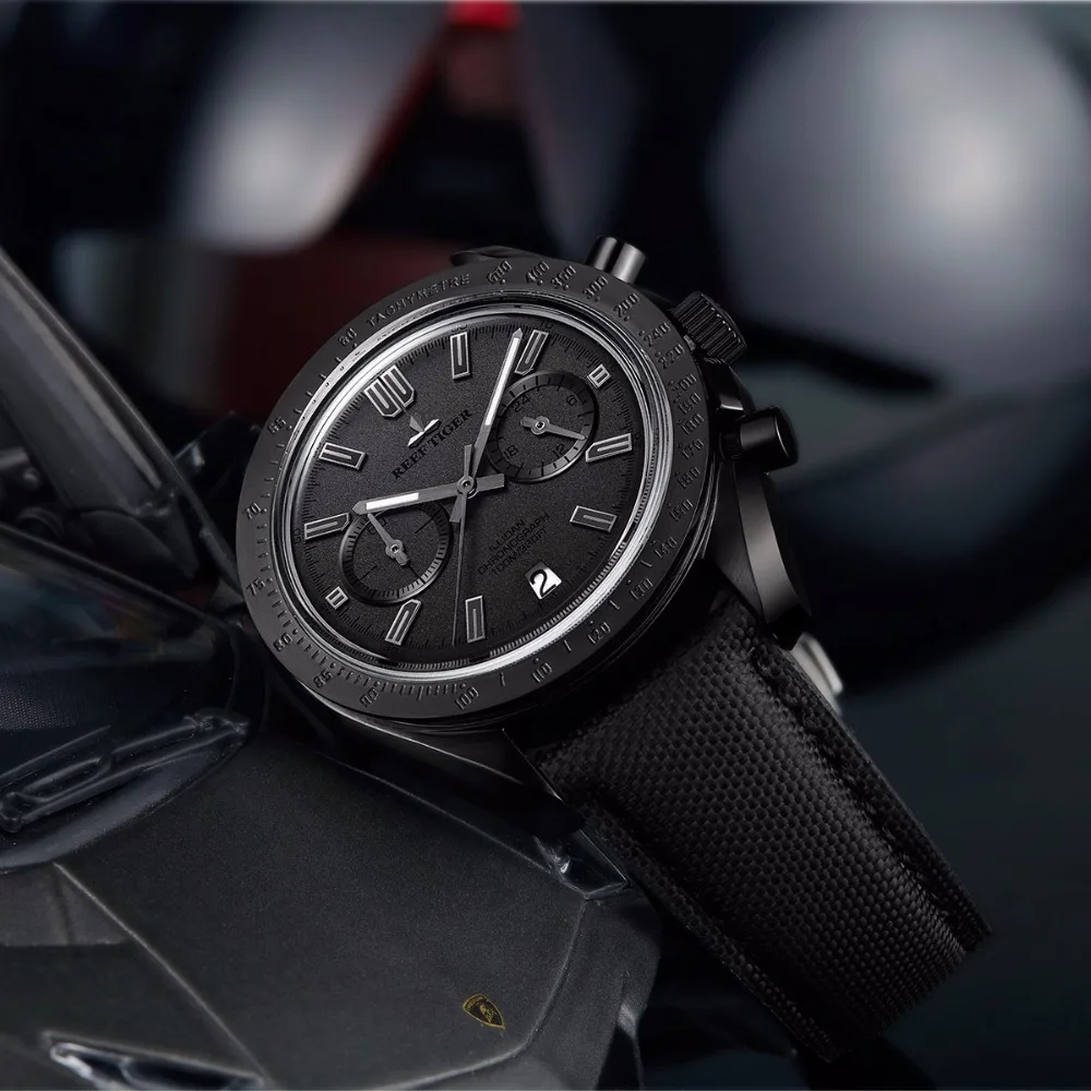2019 Reef Tiger/RT Mens Designer Chronograph Watch Nylon Strap Luminous Sport Male Black Pilot Watches Relogio Masculino RGA3033 | Наручные