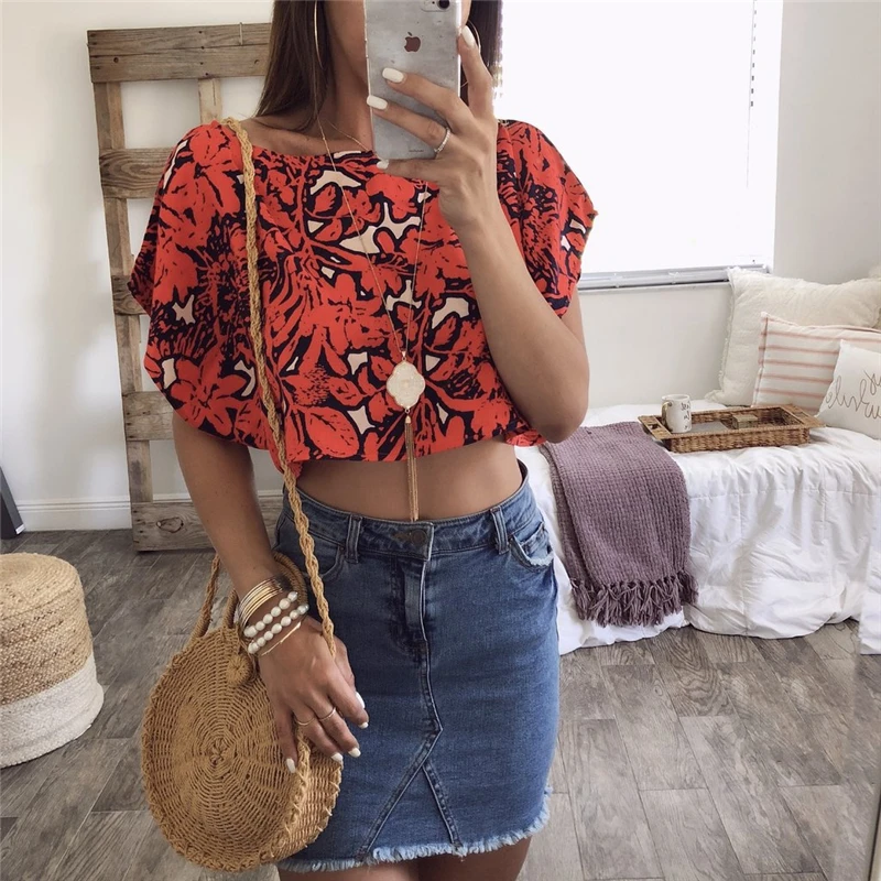 Summer Sexy Bohemia Style Women T-shirts O-Neck Short Batwing Sleeve Tees Geometric Print Tee Vocation Casual Nightclub Top |