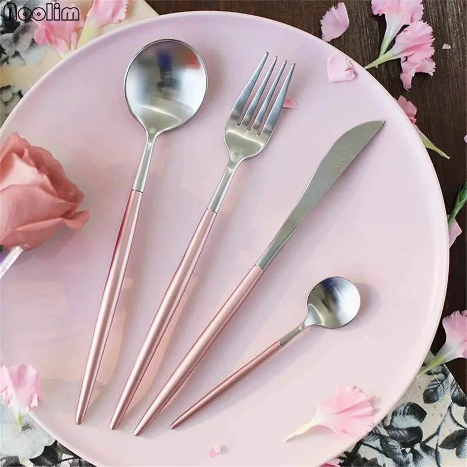 4Pcs Pink silver 4 шт. черный/розовое золото набор посуды нержавеющая сталь покрытие нож вилка Столовые приборы шикарный элегантный Европейский Западный набор еды - Цвет: 4Pcs Pink silver