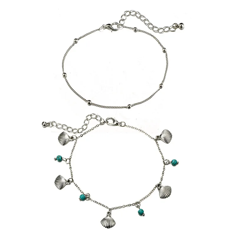 Women's Silver Anklet Shell Feet Blue Beads Summer Beach Barefoot Bracelet Ankle Adjustable Bohemian Accessories | Украшения и