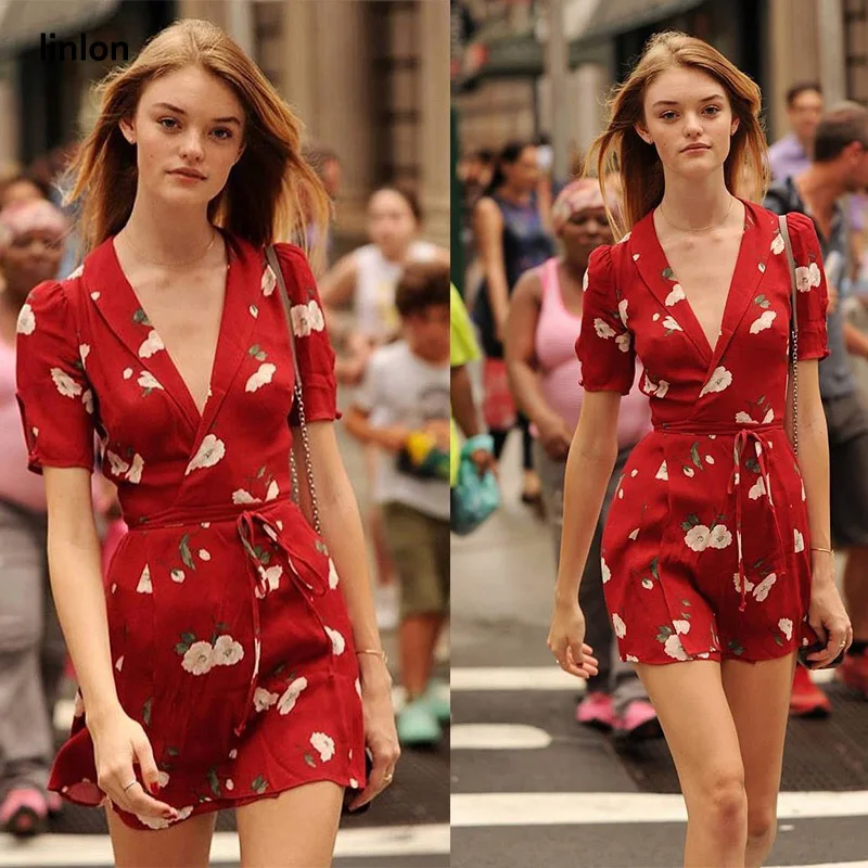 Linlon 2018 Новый V шеи Цветочный принт Асимметричная Элегантный Vestidos Обёрточная