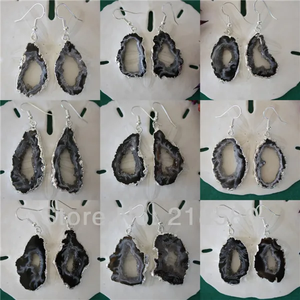 H QE04 5 парт/Лот черные серьги с серебряным покрытием|earrings geodes|geode slice earringsdruzy agate