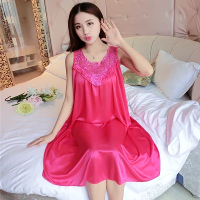 Silk satin nightgown 5XL Летняя шелковая ночная рубашка женская однотонная Пижама Женская атласная кружевная ночная рубашка шелковая сексуальная ночная рубашка женское домашнее платье для сна L-3XL 4XL - Цвет: Silk satin nightgown