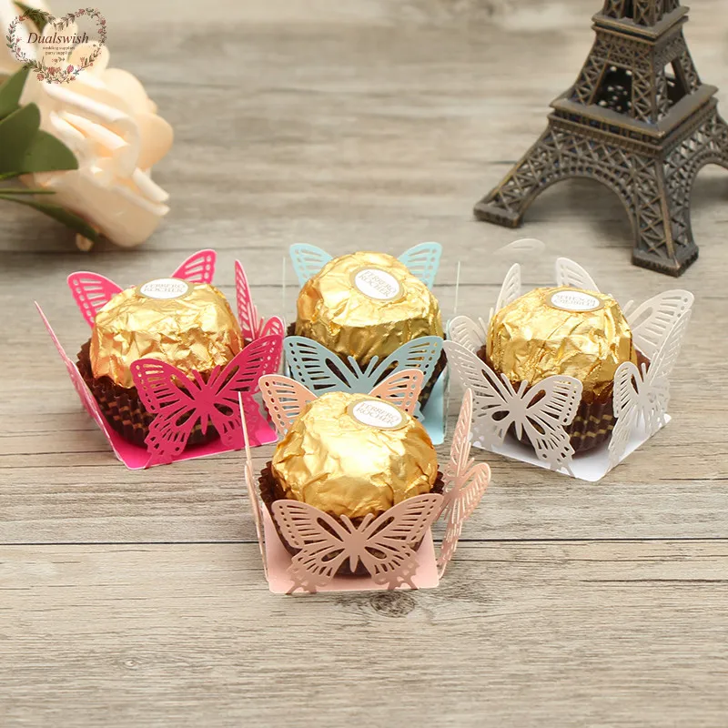 

50pcs Butterfly Laser Cut Candy Bar Wedding Favors And Gifts Pearl Paper Chocolate Holder Baby Shower Decorations Party Favors