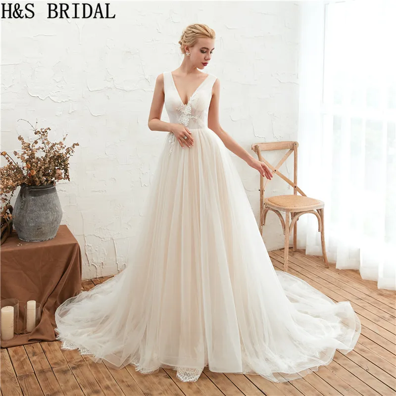 H&S BRIDAL V Neck boho wedding dress Lace Applique Wedding Gowns 2019 Beach Dress Backless Bridal vestido de noiva | Свадьбы и