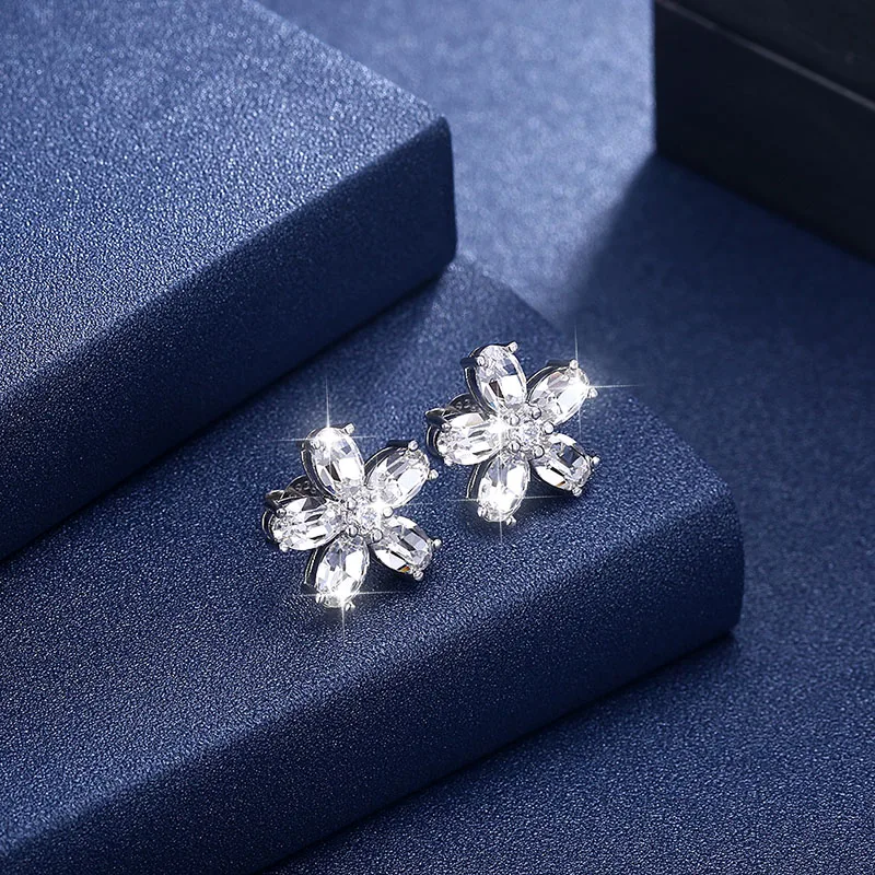 925 Silver Flower Stud Earrings Crystal From Swarovski Shining Ear Accessoires For Women Lovely Fine Jewlery Anniversary Party | Украшения