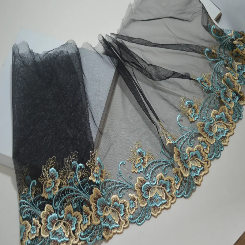 

15Yards 26cm Wide Black Mesh Shiny Gold Skyblue Flower Embroidery DIY Lace Trim For Garments Underwear Bra Wedding Doll Clothing