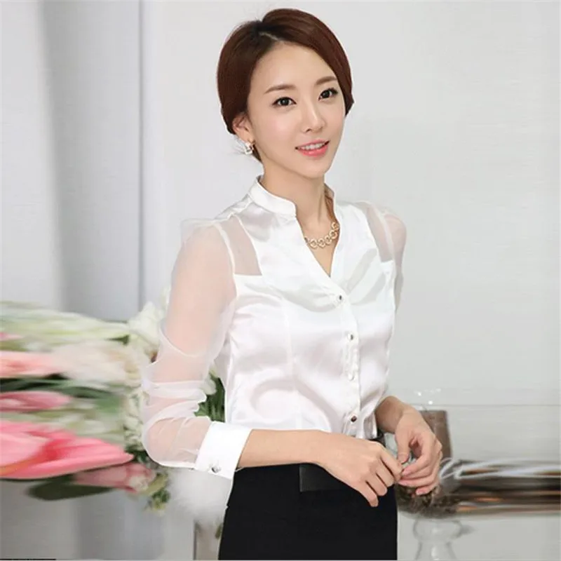 Прозрачные белые атласные блузки с длинным рукавом для женщин 2018 весна осень