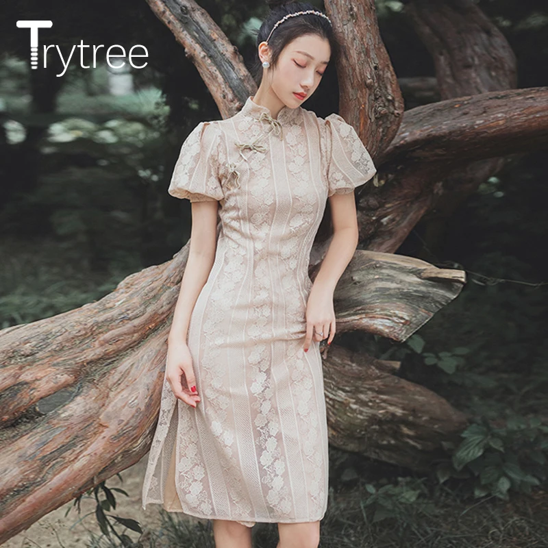 Trytree, летнее женское платье, повседневное, элегантное, воротник-стойка, китайская Пряжка, кружевные платья, пышные рукава, длина до колен, платье чонсам