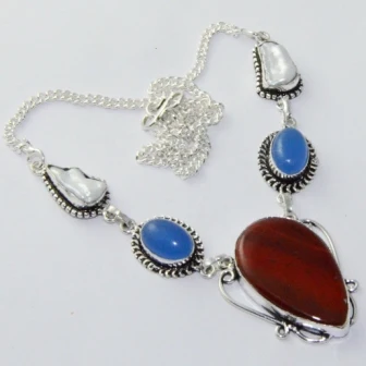 Ожерелье из жаспера, халцедона и жемчуга Бива, серебряное покрытие меди, 47,5 см, N1907