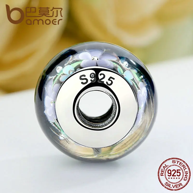 BAMOER 925 пробы Серебряные Красочные цветочные узоры европейские стеклянные бусы, амулеты для женщин DIY Браслеты и ожерелья SCZ009