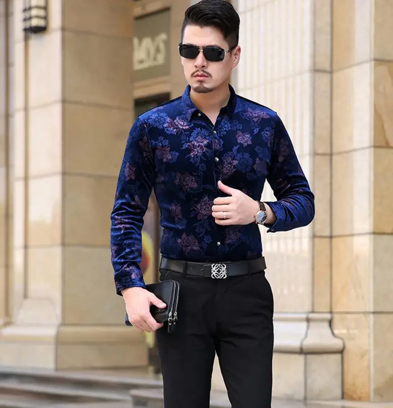 

The new autumn and winter warm cashmere flannel shirt small floral men gold flowers shirts