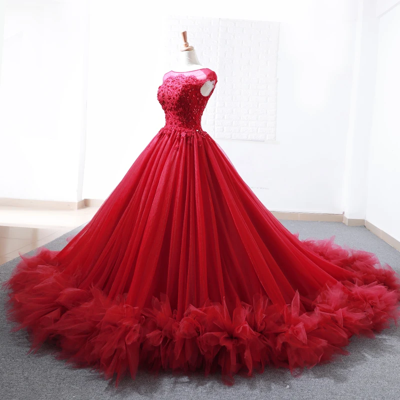 Burgundy Prom Dresses Fashion Red Ball Gown Prom Dress 2018 Saudi Arbaic Modern Design Sheer Lace Top Corset Elegant Prom Gowns