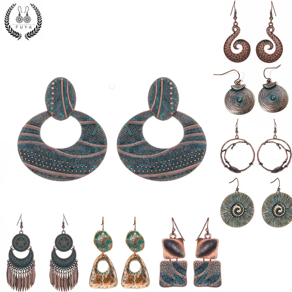 Exaggerate green metal alloy earrings for women Vintage leaf tassels earring Bohemia dangle drop moon flower branche big jewelry|earrings