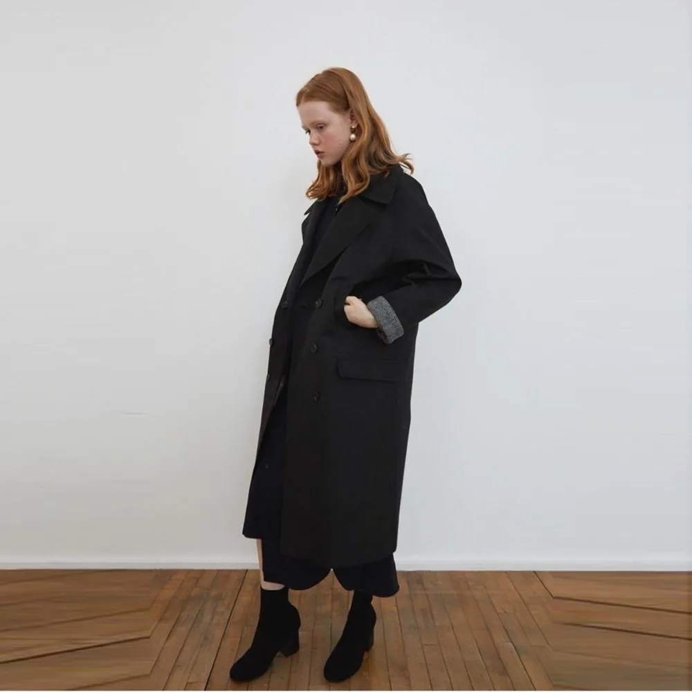 Darcydebie Autumn/Winter Women Fashion Loose Turn-down Collar Double Breasted Plaid Patchwork Lady Long Wool Blends Coat | Женская