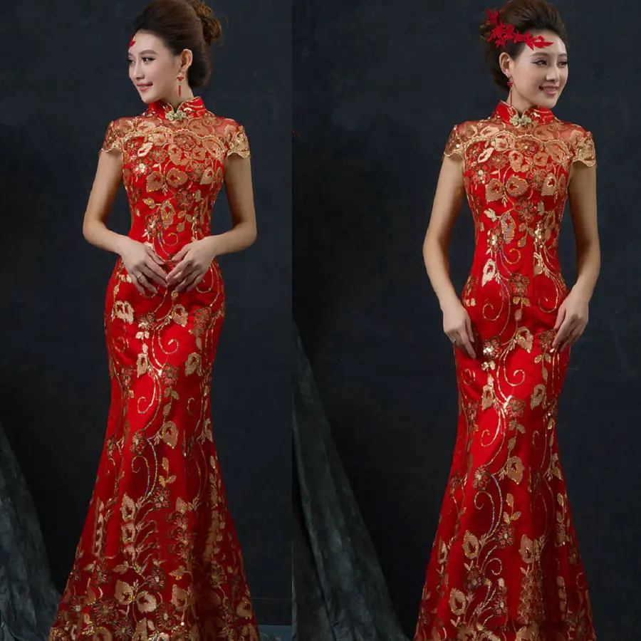 Винтаж красный китайский свадебное платье женский длинный короткий рукав Cheongsam