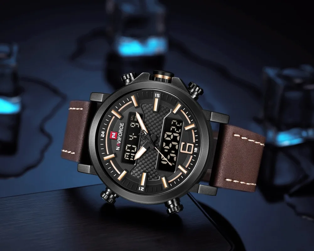 NAVIFORCE спортивные мужские часы Лидирующий бренд Luxuxry кварцевые светодиодный цифровые часы водонепроницаемые военные кожаные часы с двойным РЕМЕШКОМ НАРУЧНЫЕ ЧАСЫ