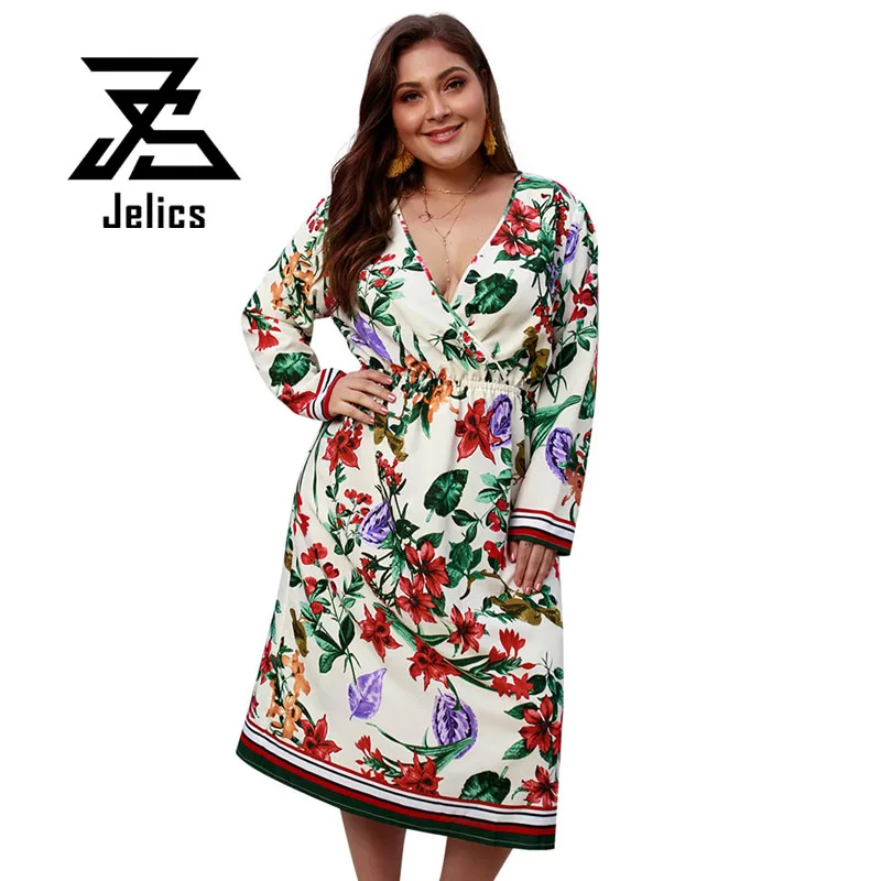 

Jelics fashion flower printed v neck casual women dresses long sleeve spring summer loose plus size dress vestidos