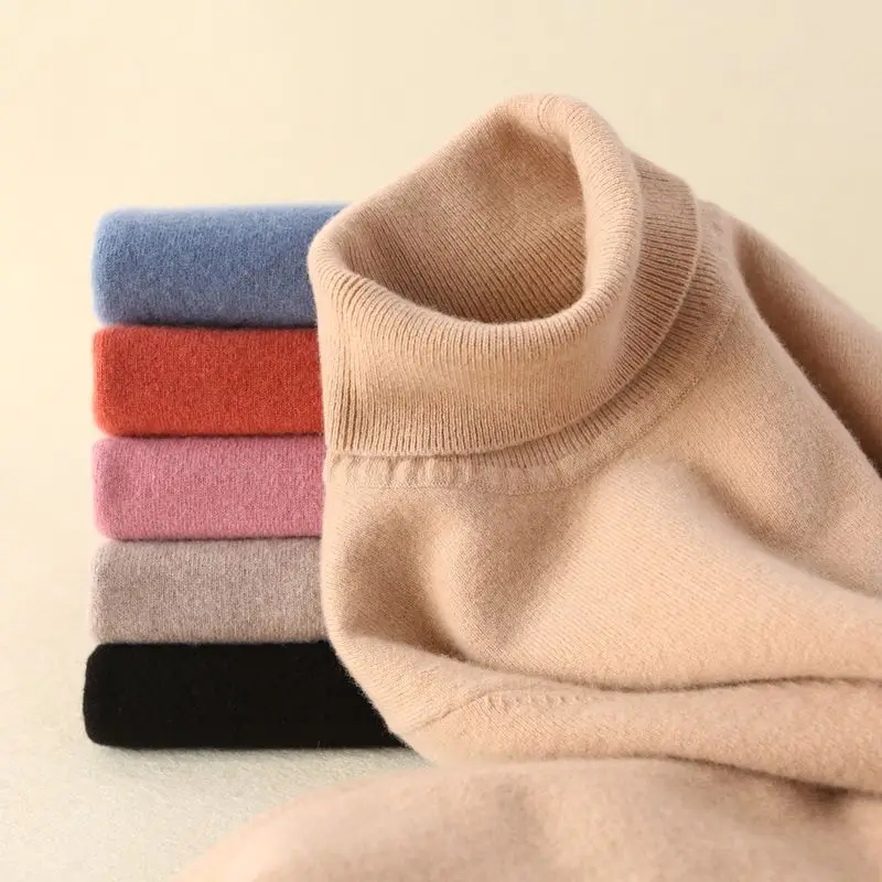 Trend Colors Women 100% Real Merino Wool Turtleneck Pullover Sweater Women's Solid Rib Collar Sweaters Knit Top Female Jumper | Женская