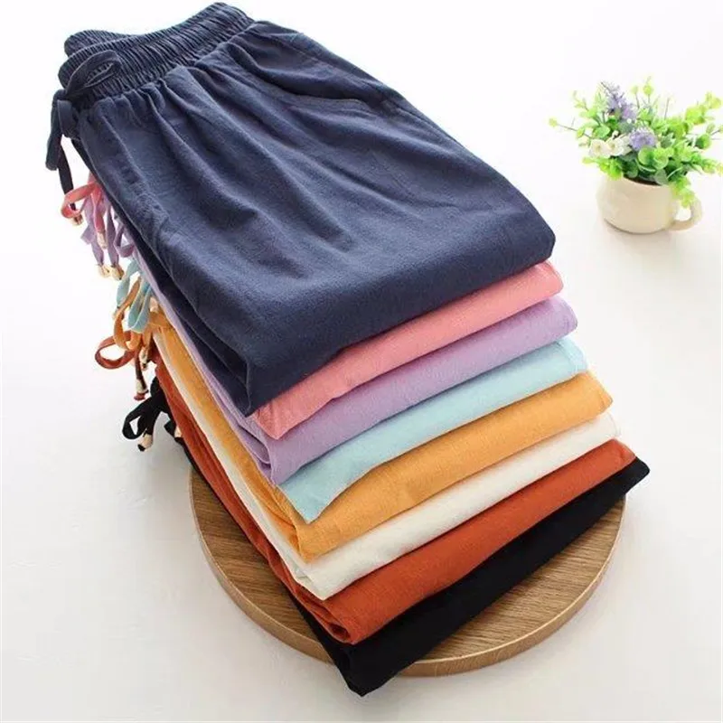 

Oversized 4XL Women's Cotton linen Harem pants Summer Loose Elastic waist Belt pocket Ladies nine pants Solid Casual Trousers