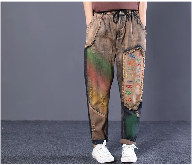 Autumn Denim Pants Women Loose Retro Elastic Waist Jeans Female New Embroidery Trousers Casual Embroidered Letter |