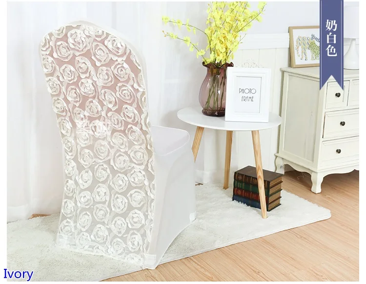 

Ivory Colour Spandex Chair Covers Rosette Chair Cover Rose Flower Design Lycra For Wedding Banquet Hotel Decoration