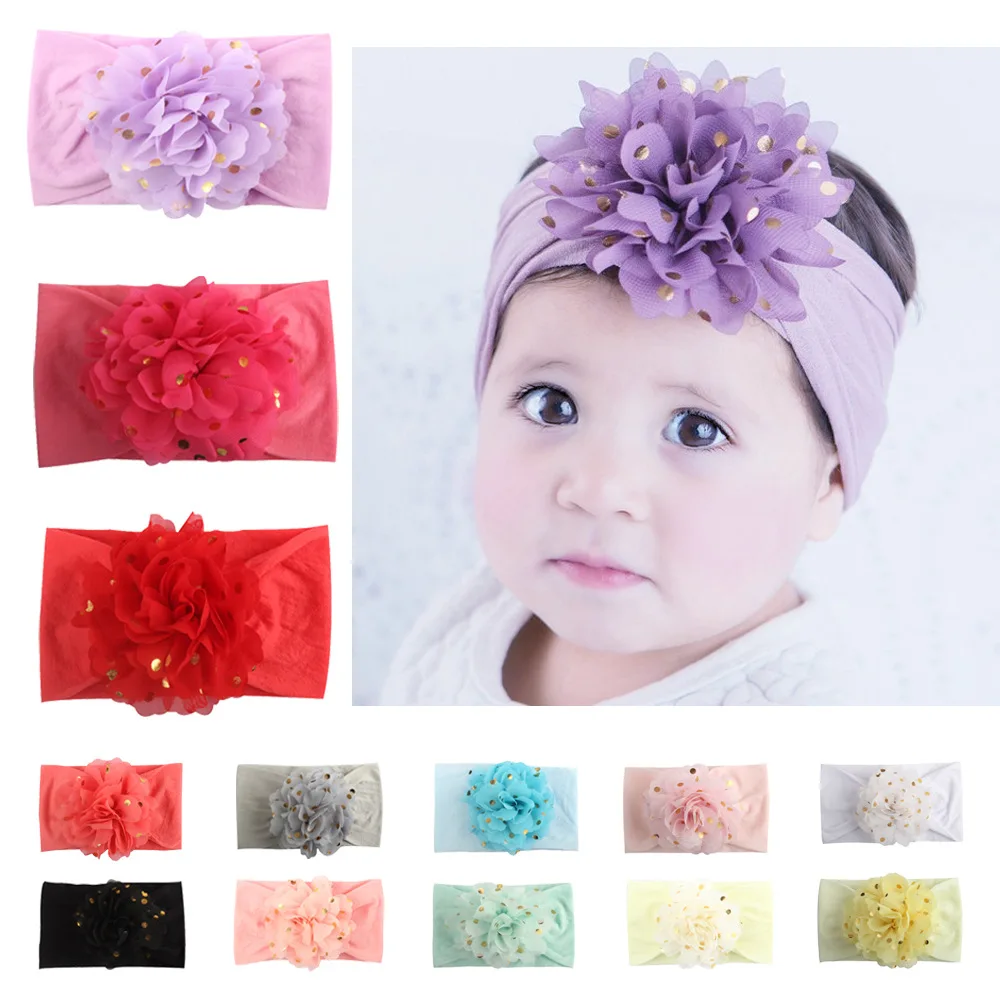 

1PCS Boutique Cute Girls Chiffon Flower Headbands Gold Dot Flower Kids Elastic Nylon Hair Band Fashion Hair Accessories