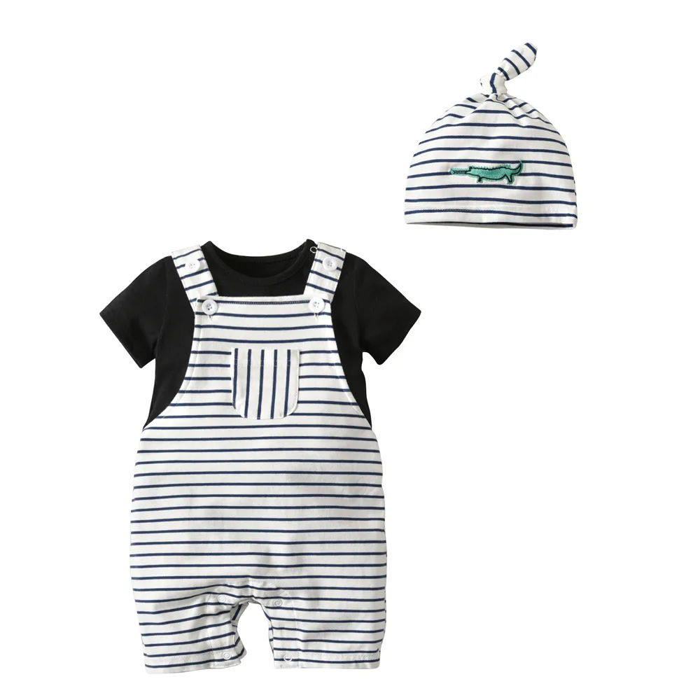 19B052 Children's set European and American boy tie round collar T-shirt striped strap hat gentleman three-piece |