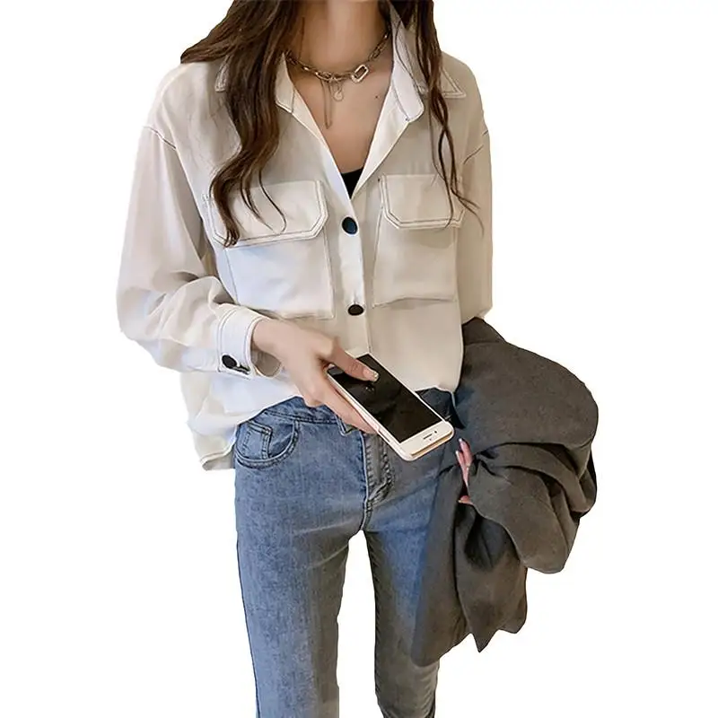 Women Solid Turn-down Collar Shirts Single Breasted Simple Chiffon Blouses Female Casual Loose Pockets Tops Blusas New 2019 D186