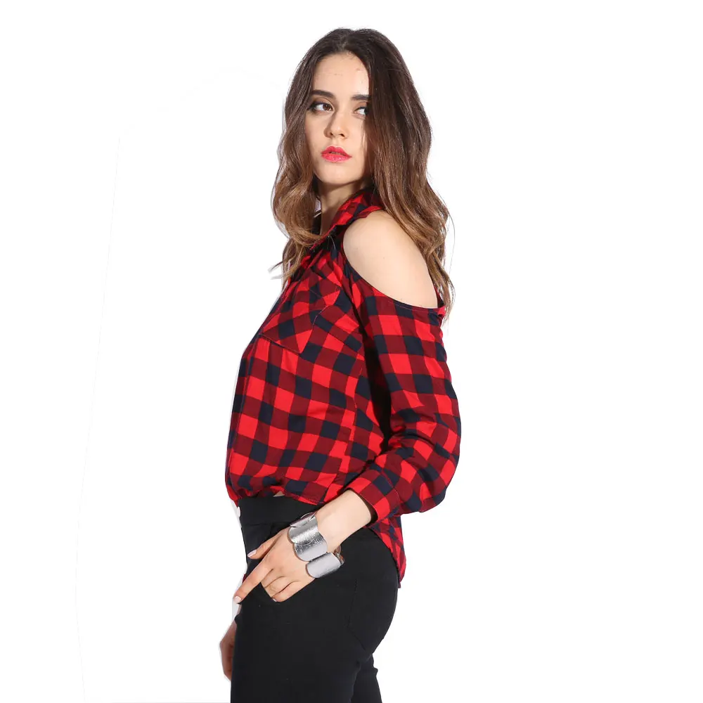 ClassicRed Dioufond, женская шифоновая блузка, Сексуальная Блузка с открытыми плечами, с длинным рукавом, красная клетчатая рубашка, женская блузка с отложным воротником и открытыми плечами - Цвет: ClassicRed