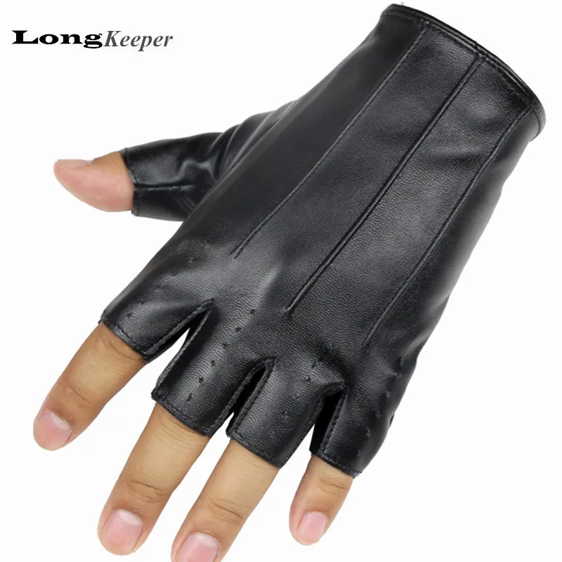 

LongKeeper New Men's Dance Gloves Fingerless Leather Gloves for Party Show Luvas for Men Black Gold Silver Guantes Ciclismo G139