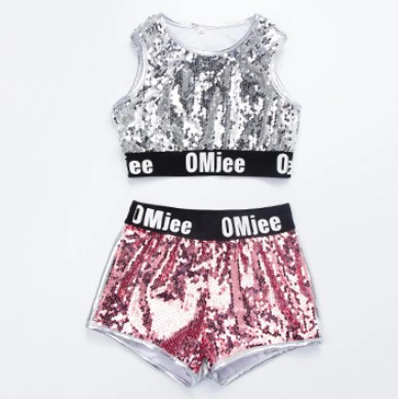 children girl Hip Hop Costume sequins glitter jazz street dance baseball clothes coat pants T-shirt kid pink silver |